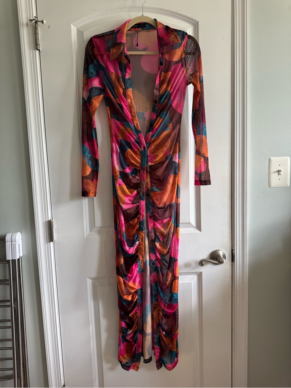 SHEIN | Sheer Button Down Maxi Dress Ruched Long Sleeve Multi Color Size 6